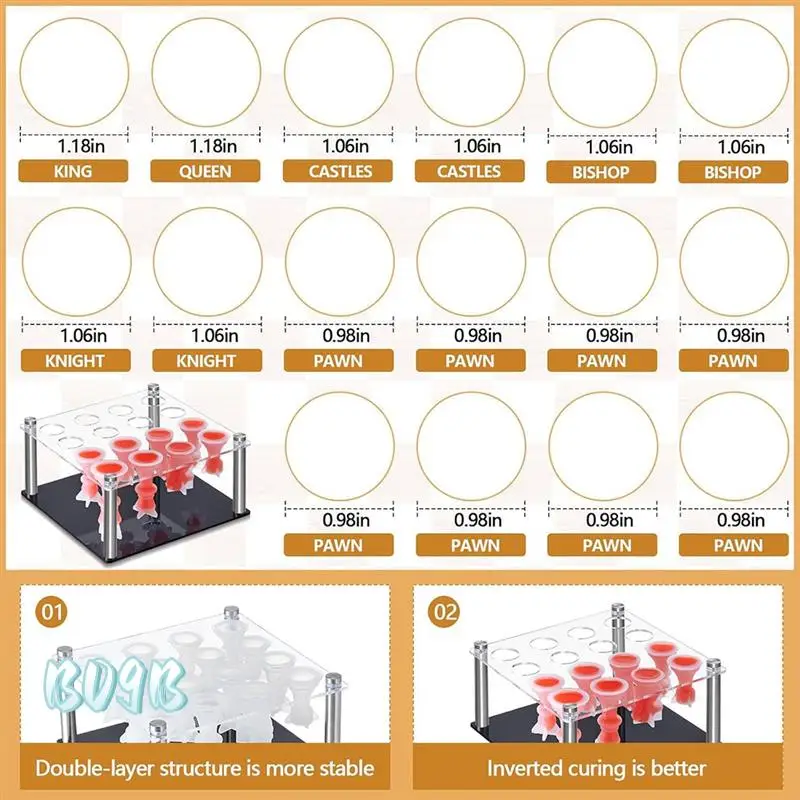 

Chess Piece DIY Kit Include 1 Chess Piece Holder And 16 Chess Molds For Epoxy Resin Metal Holder Chess Molds-B09B
