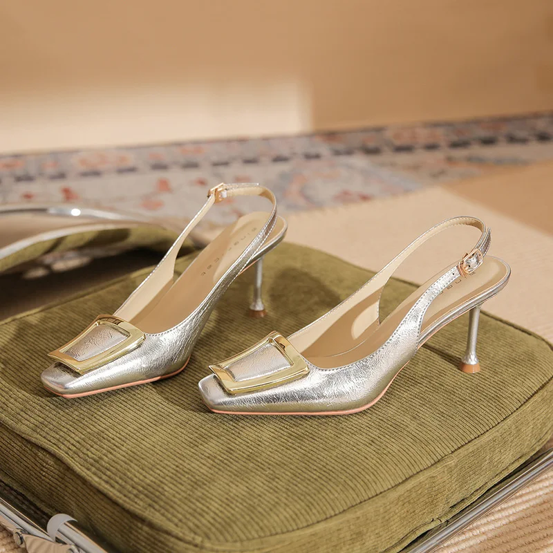 

Bloomsteps [Sheepskin] Square Toe High Heels for Women, Thin Heel Summer New Style, Closed Toe, One Strap, Square Buckle Sandals