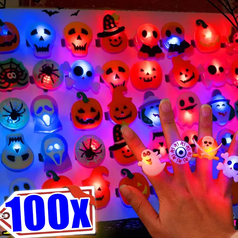 LED Luminous Halloween Rings Wholesale Creative Pumpkin Ghost Skull Luminous Ring Toy Christmas Children Birthday Party Favor