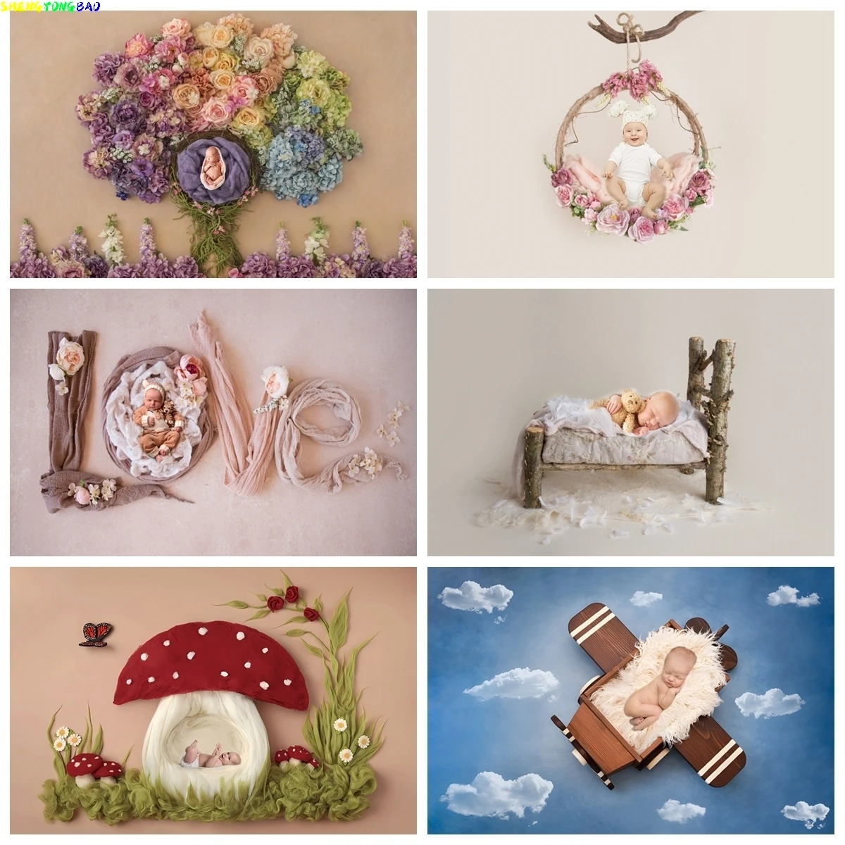 Neugeborenen Porträt Holz Schaukel Hintergrund Blumen plank Bett Baby Dusche Kinder Geburtstag Party Decor Hintergrund Foto Studio Requisiten