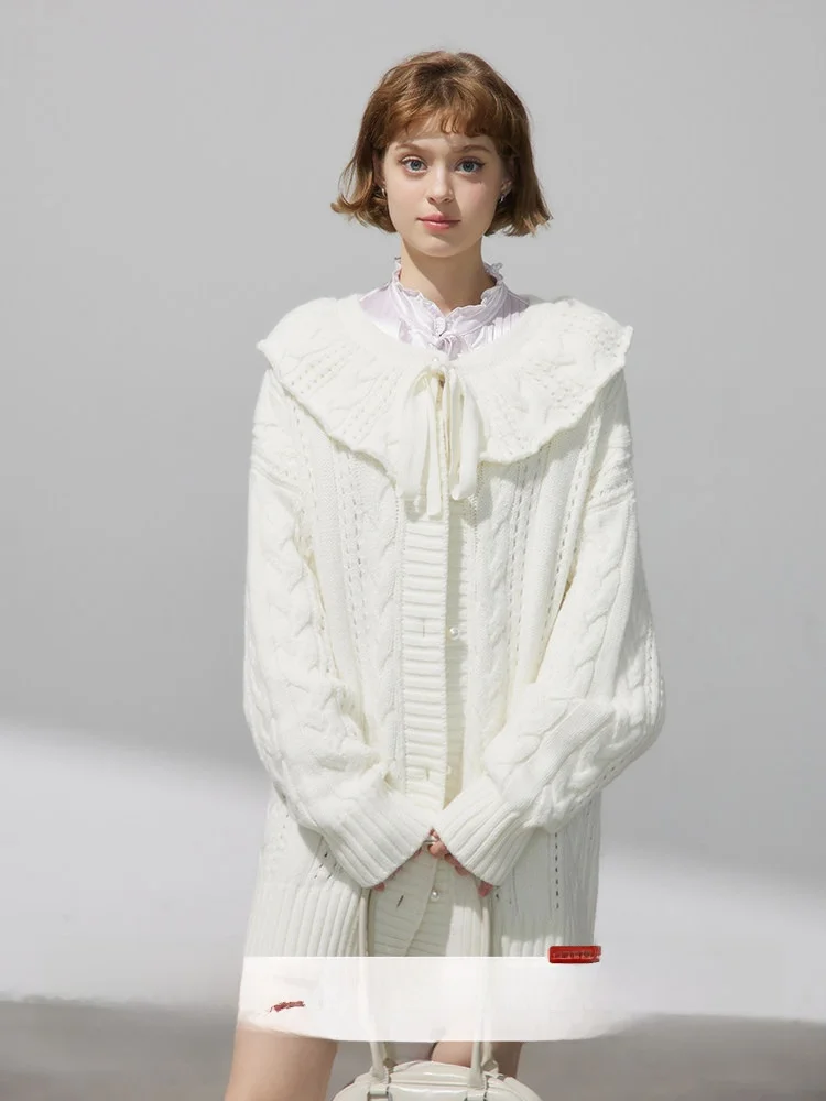 

Теплый вязаный женский кардиган с большим меховым воротником, белый, с узором «косичка», средней длины, повседневный, в стиле Pure E-commerce Fashion