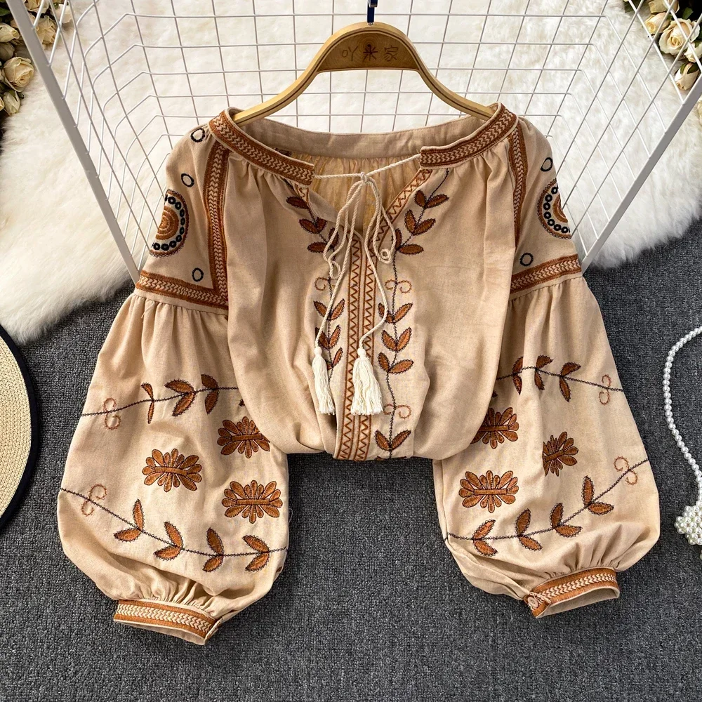 Chic Sweet Embroidery Tassels Long Sleeve O Neck Loose Blouse Elegant French Fashion Sexy Shirt Spring Autumn Women Crop Top