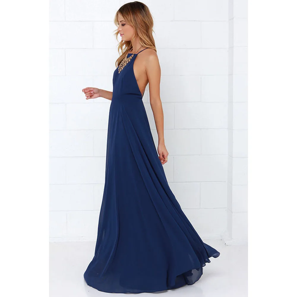 Fashion Women Summer Sleeveless Strap O neck Boho Dress Casual Long Maxi Evening Party Beach Backless Dress Sundress
