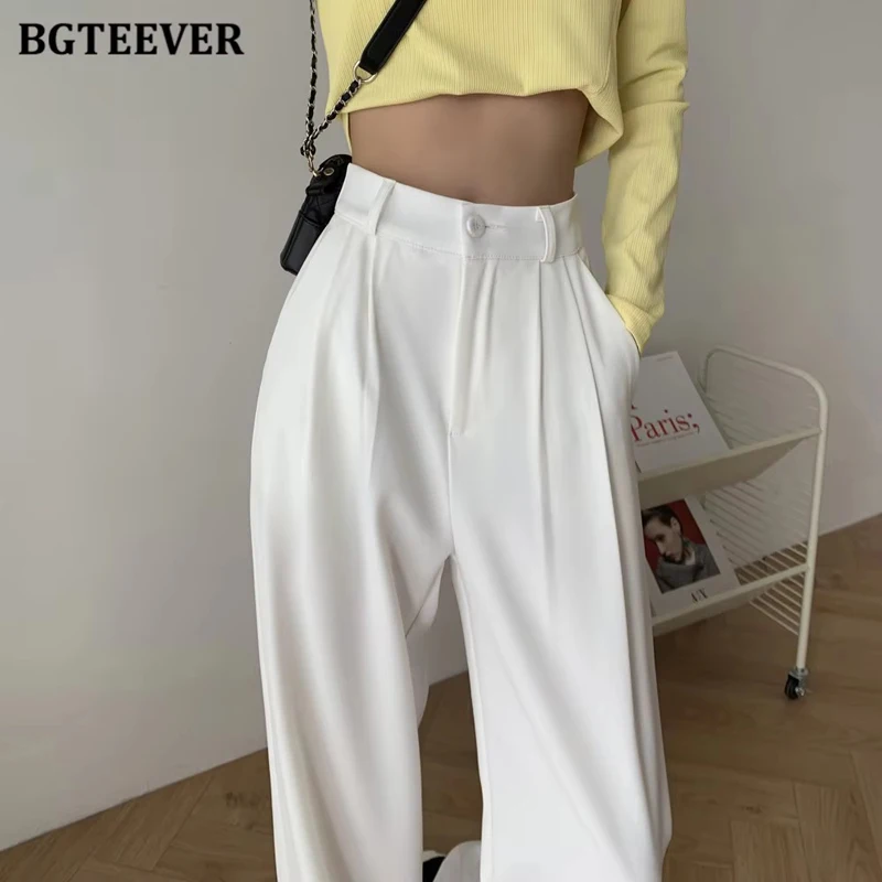 

Элегантные женские широкие брюки BGTEEVER на одной пуговице, весенне-летние свободные модные однотонные прямые белые Костюмные брюки для женщин