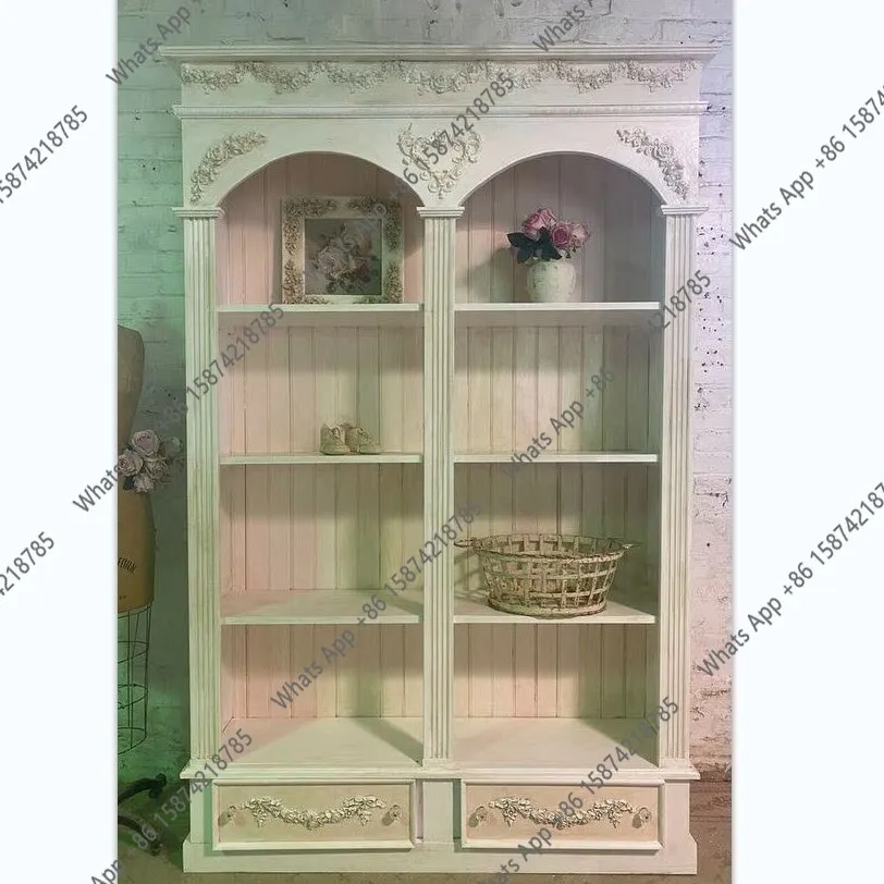 

N French Retro Old Solid Wood Carving Flower Bookcase American Double Arched Wardrobe Display Cabinet Locker Side Wine