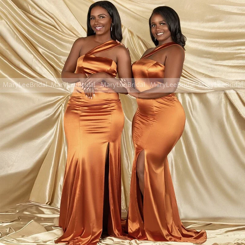 

Cheap One Shoulder Orange Bridesmaid Dresses Plus Size Sexy Front Slit Mermaid Wedding Reception Paty Gowns Maid of Honor Dress