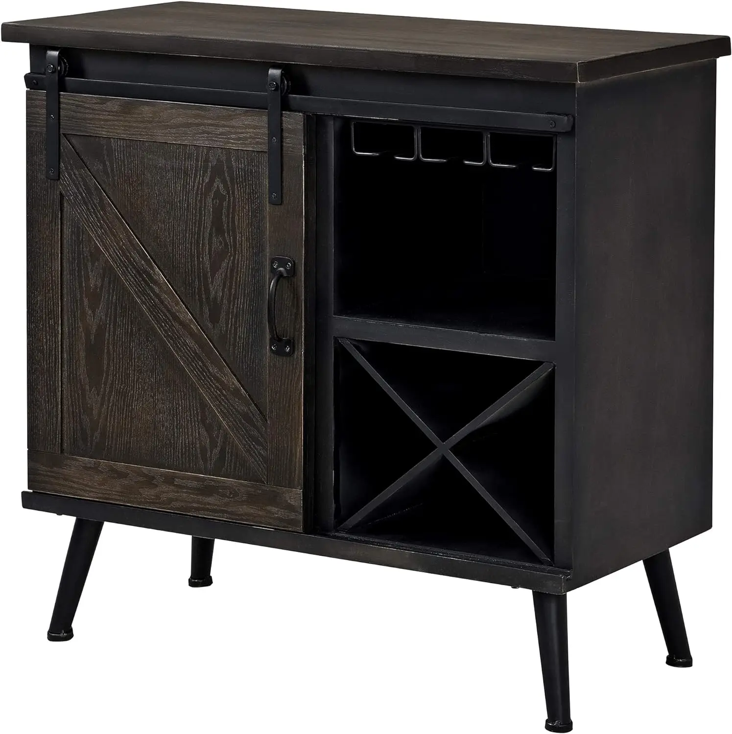 Dark Brown Barn Door Bar Cabinet for Wine & Glasses,  Coffee Buffet Cabinet w/ Sliding Door for Dining Room or Kitchen, Wood