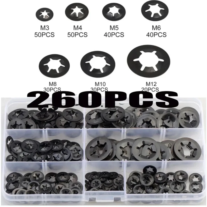 260Pcs Star Lock Washers Kit Push On Speed Clips Fasteners Assortment Kit M3 M4 M5 M6 M8 M10 M12