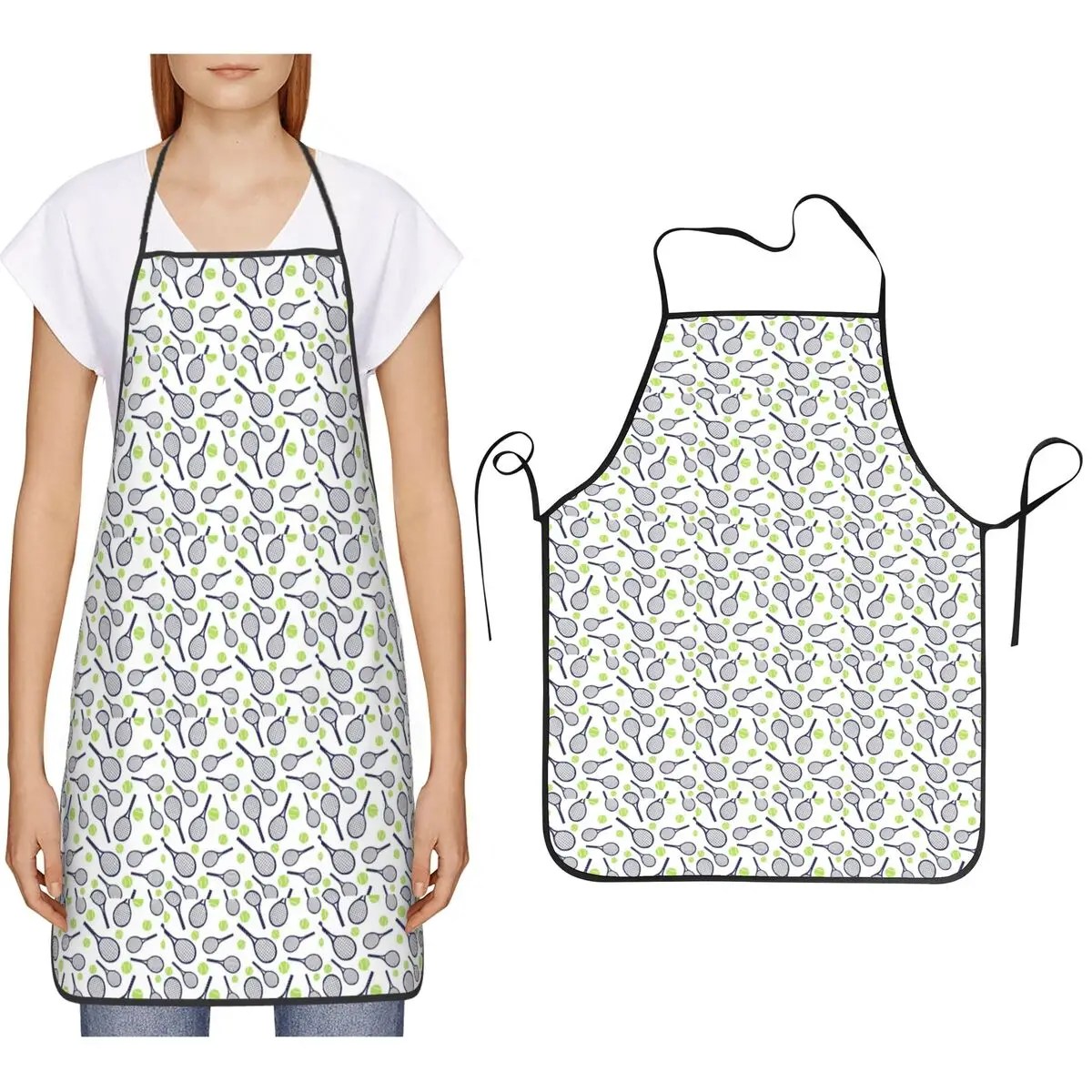 Tennis Racket And Ball Aprons Chef Cooking Cuisine Tablier Bib Kitchen Cleaning Pinafore for Women Men Gardening
