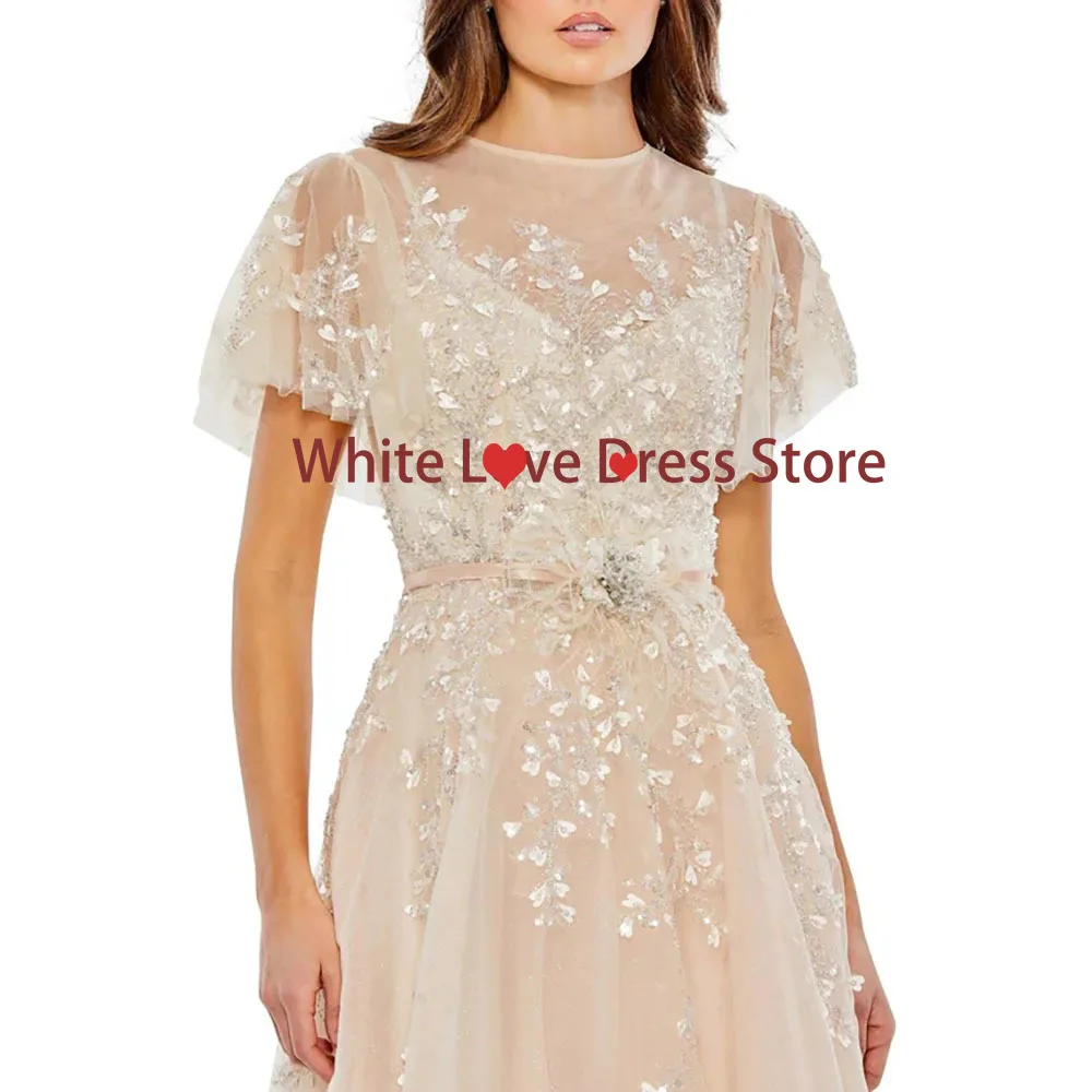 

Customized Tulle Pleat A-line Ankle Length Mother of The Bride Dresses Women's O-neck Short Sleeve Mother Gowns with Appliques