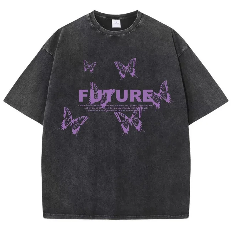 

Хлопковые стираные футболки Future Butterfly, женские фиолетовые топы с принтом, большие футболки с круглым вырезом, модная мужская уличная одежда