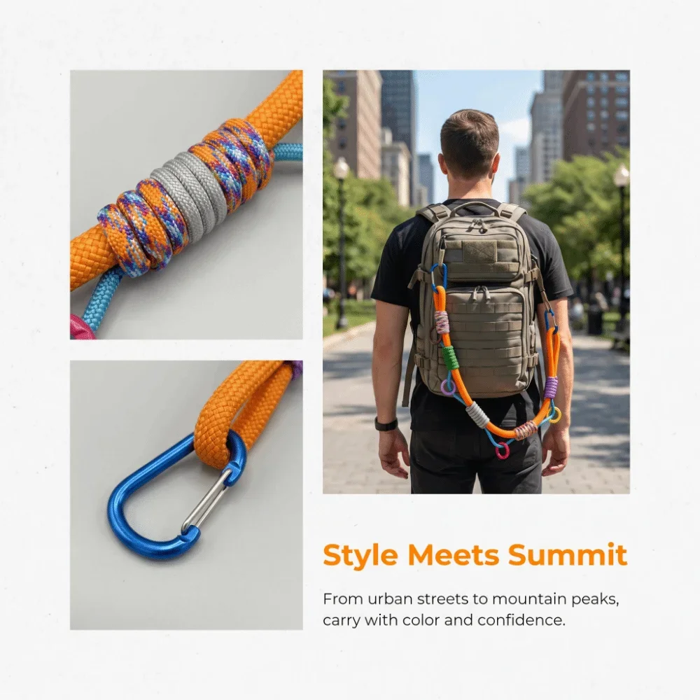 Outdoor Backpack Expansion Decorative Lanyard with Carabiner Waterproof Color Multifunctional Hand-woven Mountaineering Rope