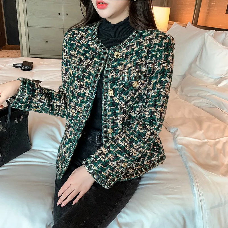 Winter Tweed Suit Jacket Women O-Neck Long Sleeve Button Up High Street Vintage Elegant Harajuku Traf  Designer Ladeies