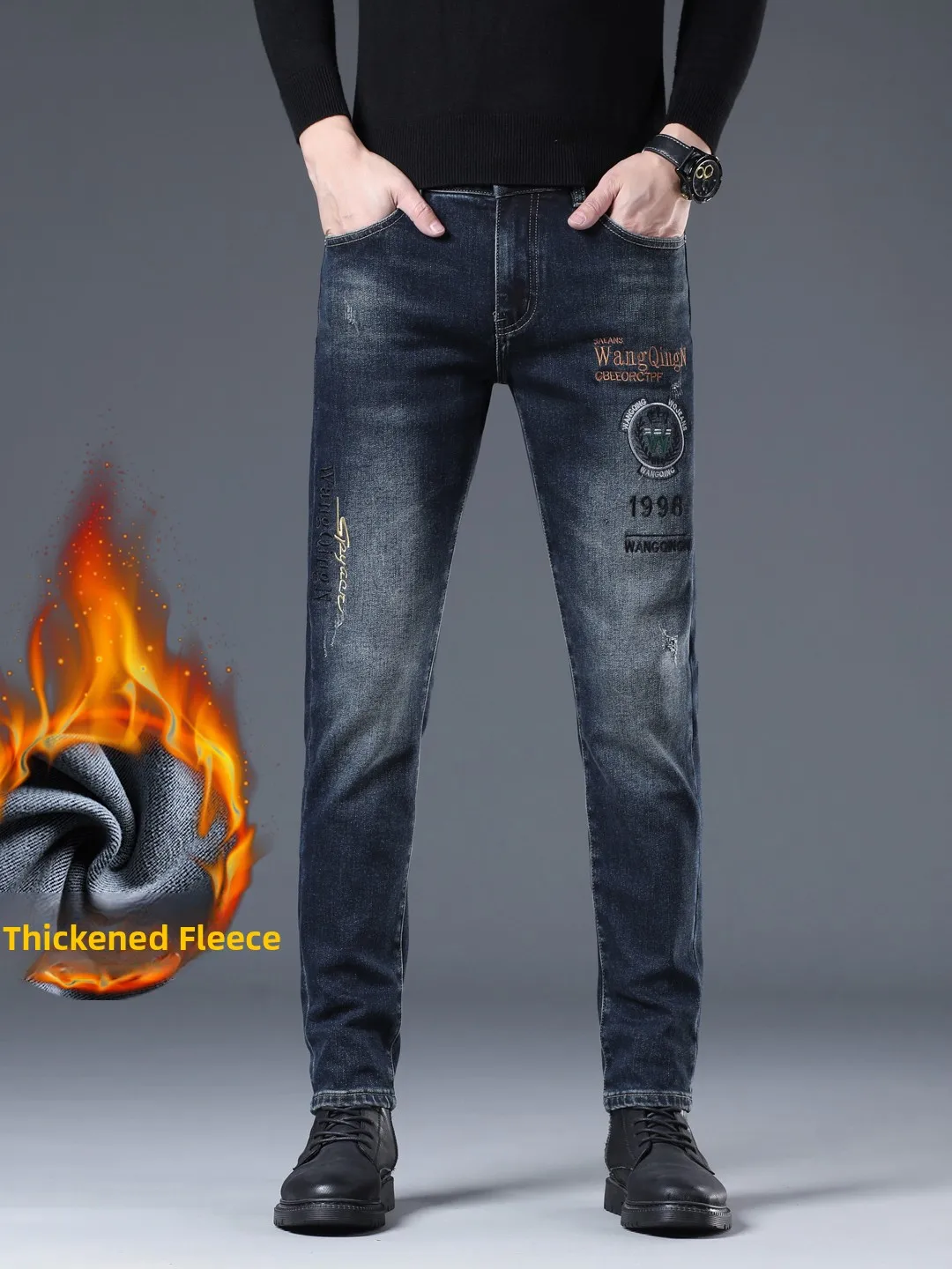 

High-End Embroidered Fce Denim Jeans Men's Slim Fit Casual Thiened Autumn Winter Warm Long Pants Comfortable Stretchy