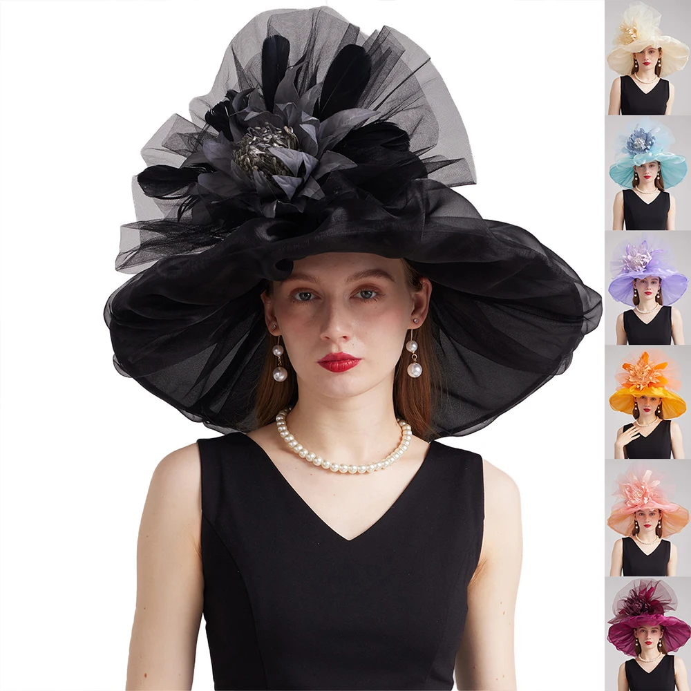 FS Purple Red Luxury Fascinators Hats Flower Church Hats For Women Elegant Organza Wedding Kentucky Derby Cap Chapeau Femme 2024