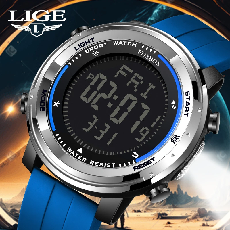 LIGE Digital Watch Mens Outdoor Sport Flashlight Electronic Watches LED Display Date Week Waterproof Man Watch Chronograph Clock