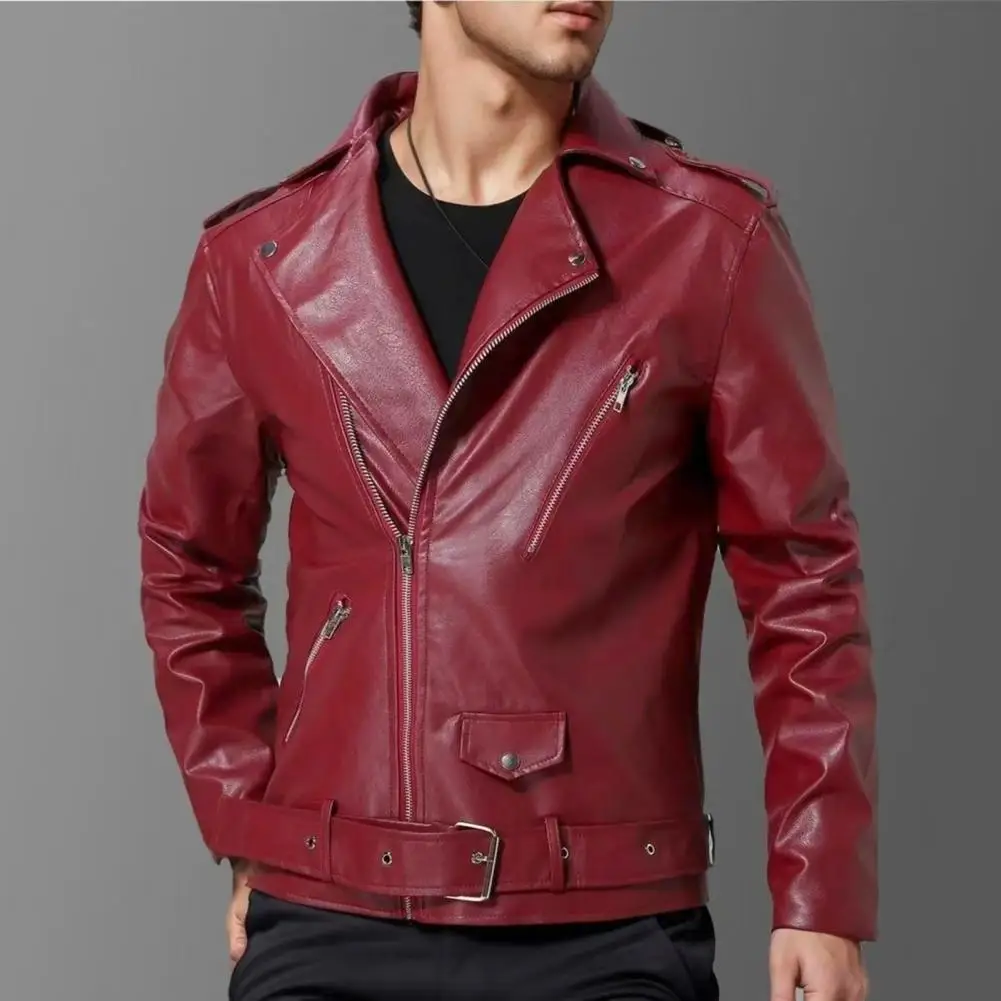 Men Faux Leather Jacket Solid Color Long Sleeves Male Coat With Diagonal Zipper Slim Fit Belt Adjustment Windproof Coat