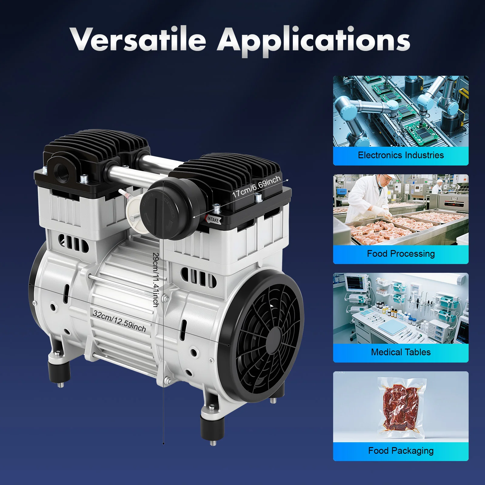7CFM stille luchtcompressorkop voor industrieel gebruik, 1100 W olievrije vacuümpomp, kleine membraanmutepomp 200 l / min, 116 PSI
