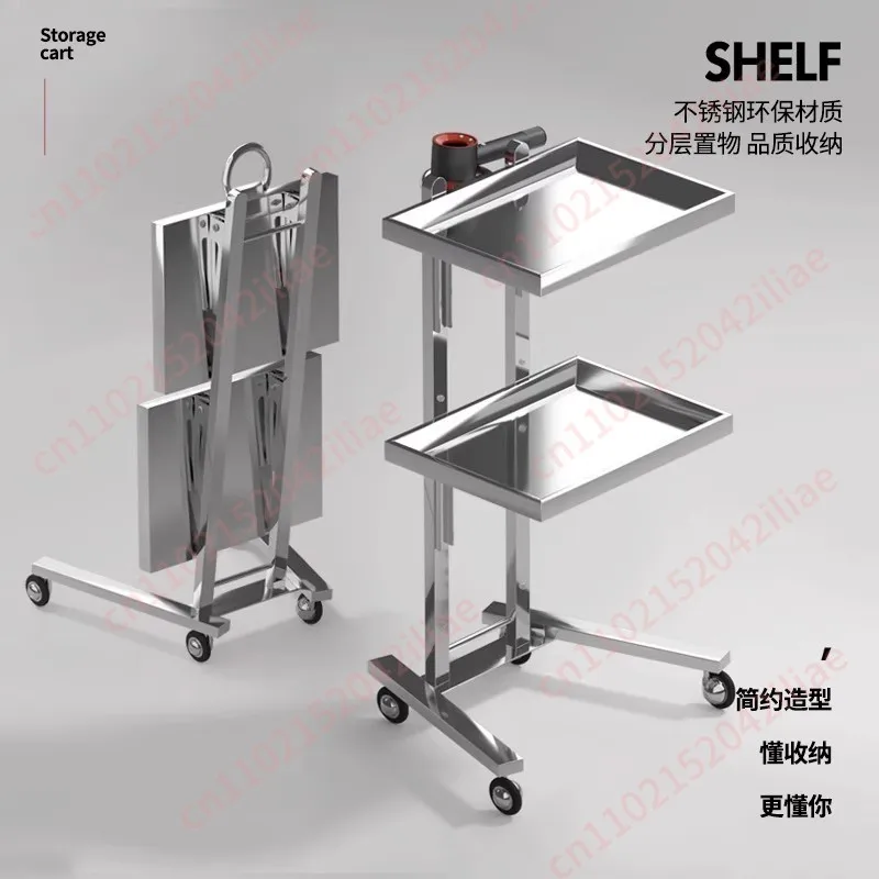 Multi-Function Stainless Steel Rolling Cart - Foldable 2-Tier Trolley for Salon, Supermarket & Professional Workbench