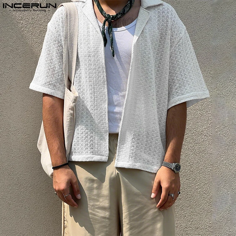 

INCERUN Men Shirt Solid Color Lapel Short Sleeve See Through Sexy Men Clothing Open Stitch Oversize Casual Shirts Camisas 2025