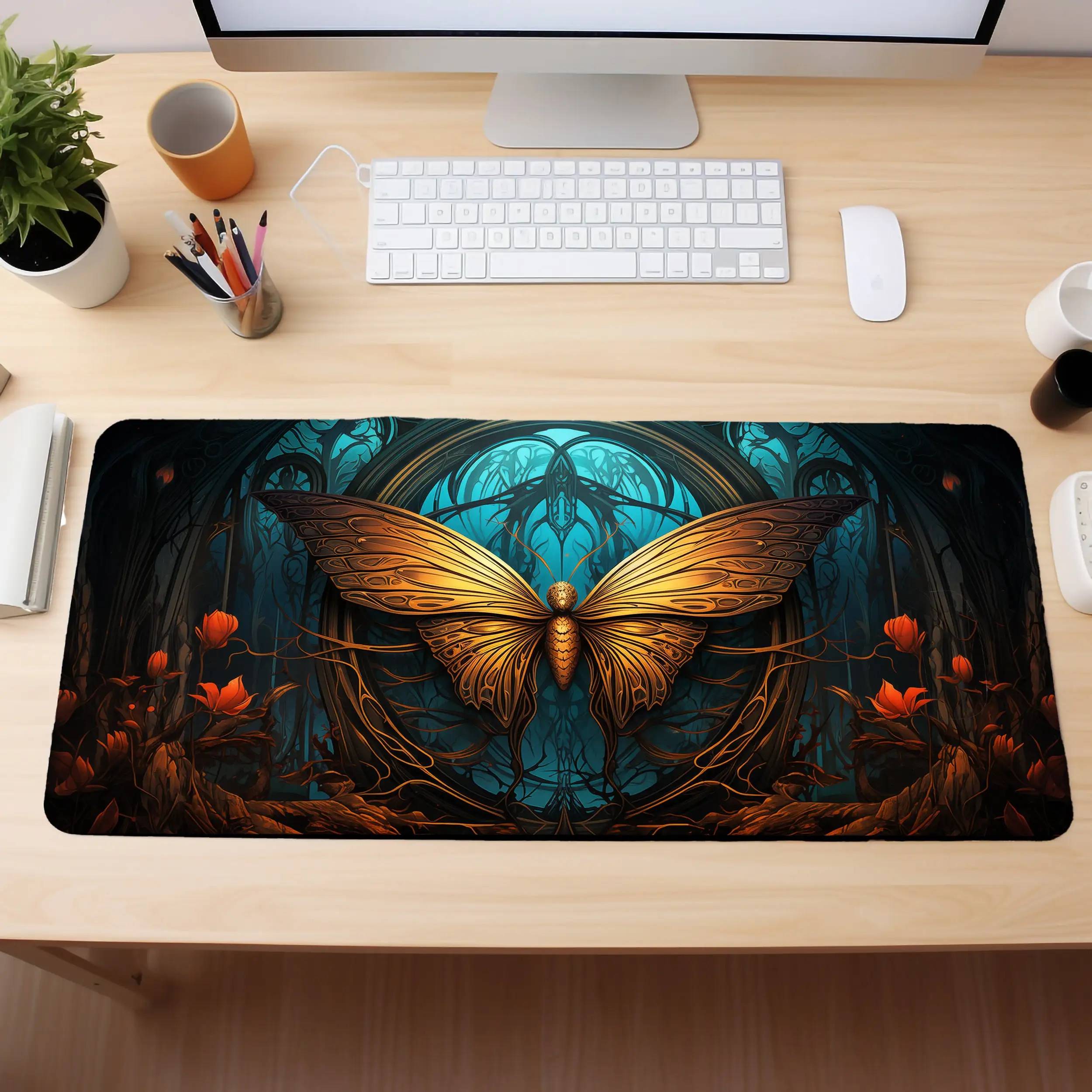 

Blue Light Golden Moth Desk Mat,Non-slip and Waterproof Mousepad,Office and Gaming Desk Decorative Mat,Perfect Gift for Friends.
