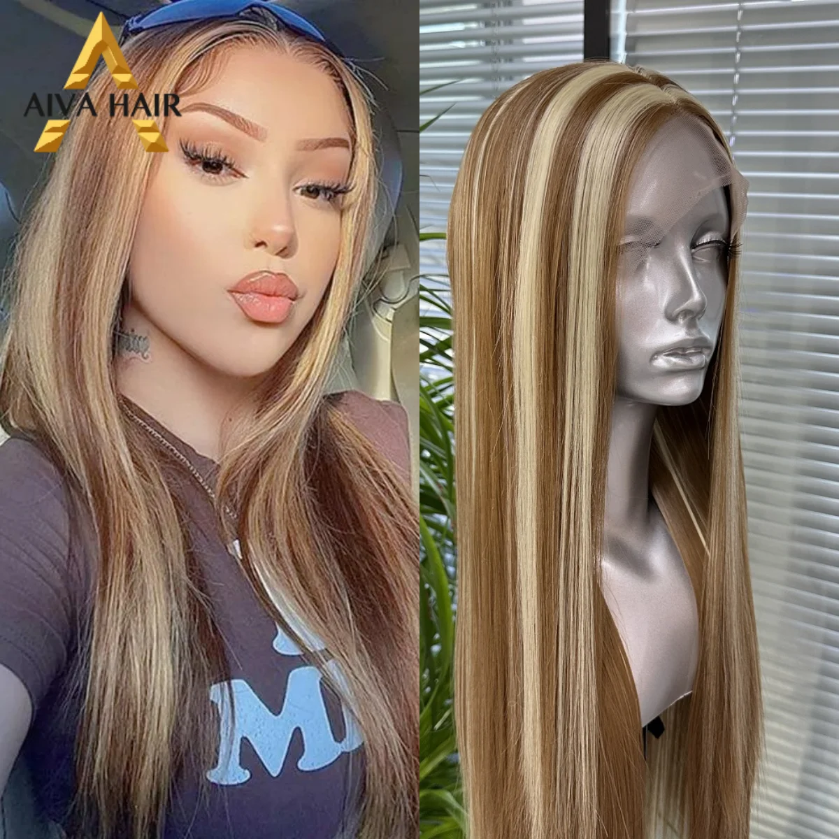 Aiva Highlight Brown Colored Synthetic 13x4 Lace Front Wig Straight Heat Resistant Glueless Drag Queen Cosplay Wigs For Women