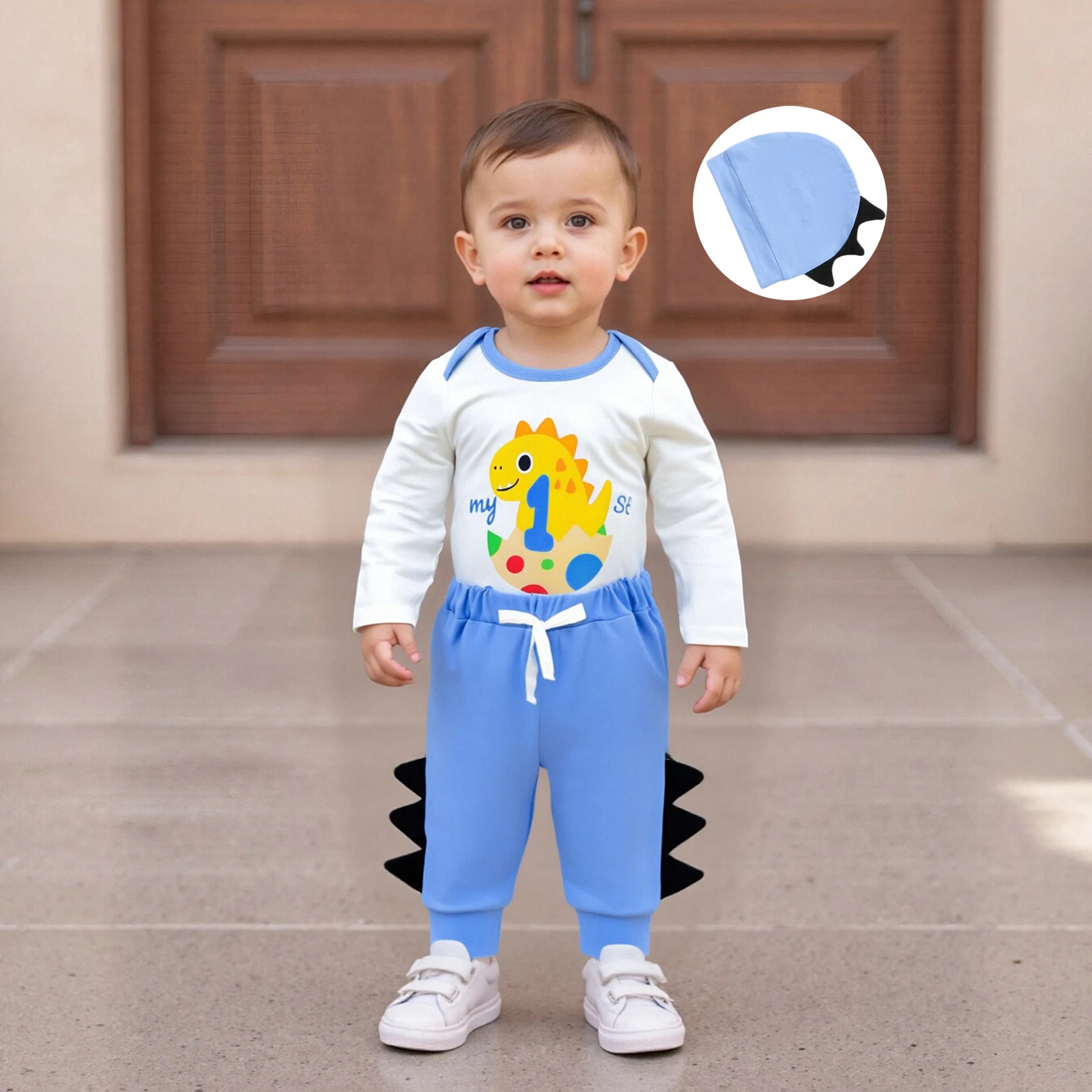 ملابس خريفية للأطفال الأولاد مطبوع عليها حروف ديناصور وأكمام طويلة وسراويل طويلة وقبعة مكونة من 3 قطع لزي عيد الميلاد #2