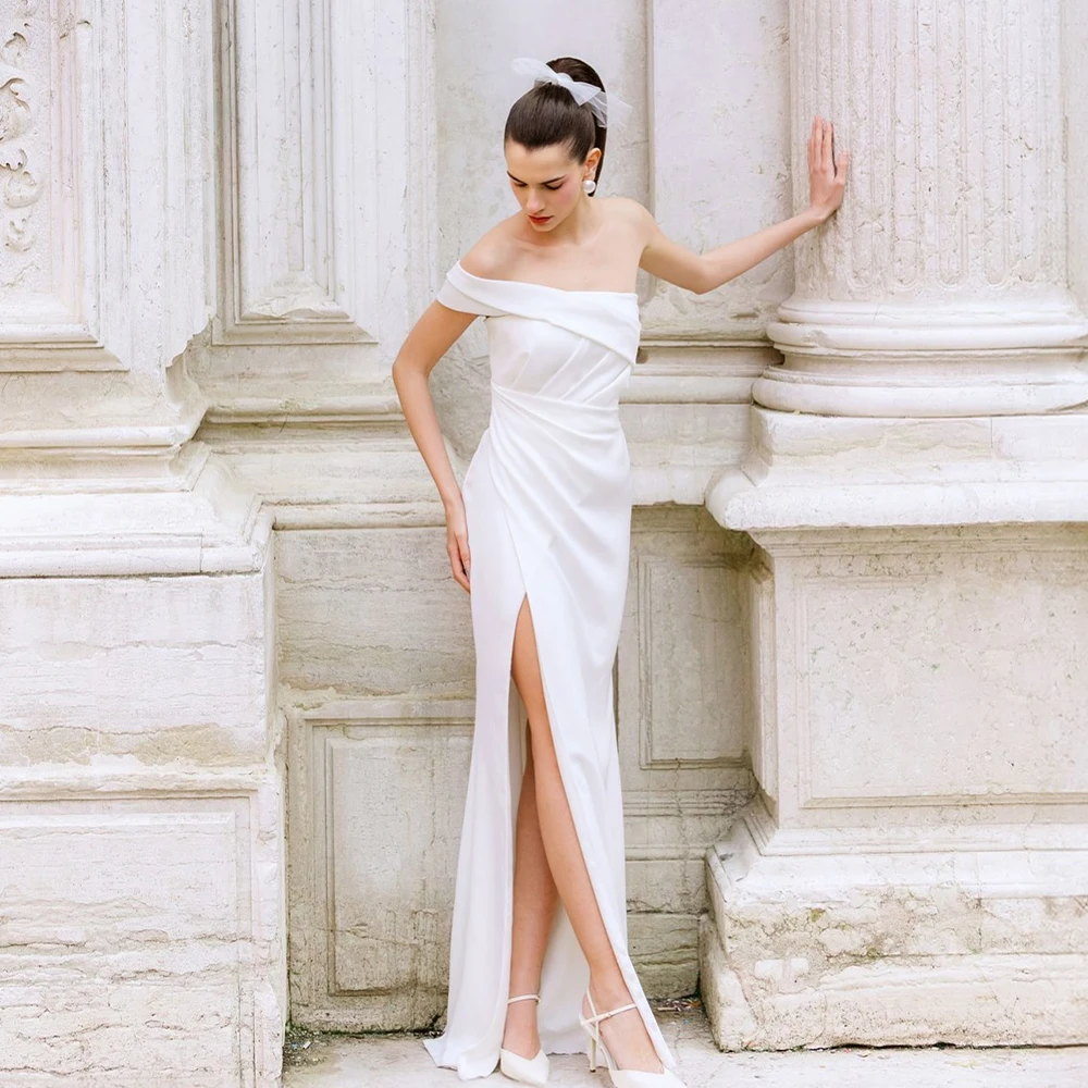 

Elegant One Shoulder Pleat Satin Sheath Satin Wedding Dresses Side Slit Custom Made 2025 Vestido De Noival
