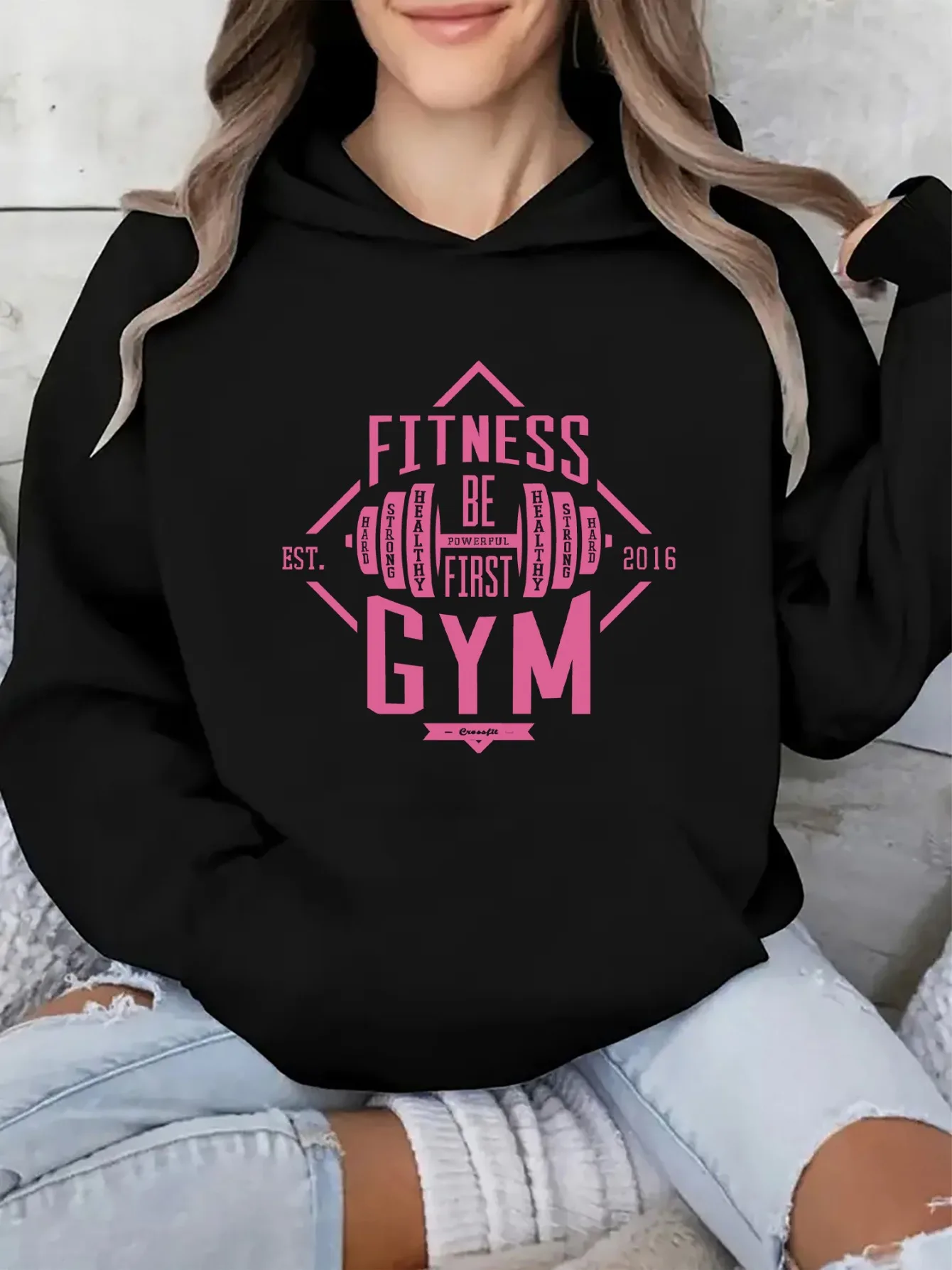 Schwarzer Damen-Hoodie mit Fitness-Thema, geeignet für Fitness-Enthusiasten, rosa Buchstaben-Dekoration, modisches und lässiges Sweatshirt
