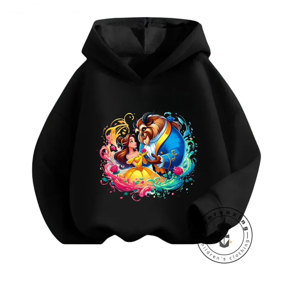 Lovely Disney Beauty and the Beast Cartoon Hooded Sweatshirts for Boy Girl Cozy Cold Season Essentials Soft Casual Outdoor Tops