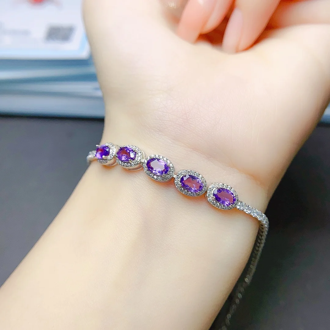 FS Fashion S925 Sterling Silver Inlay 4*6Natural Amethyst Bracelet With Certificate Fine Charm Wedding Jewelry for Women MeiBaPJ