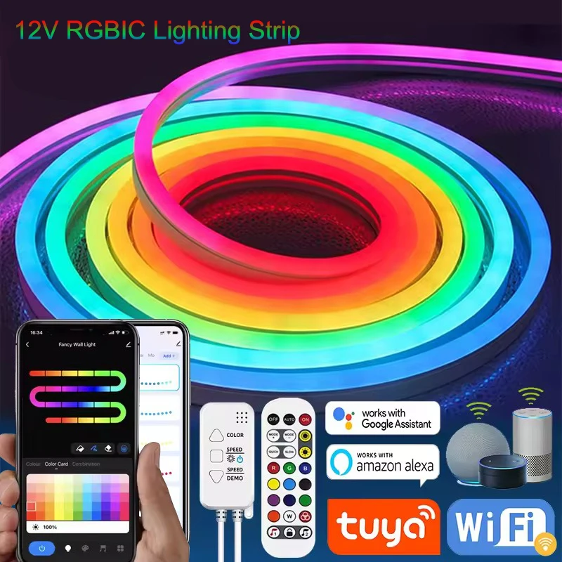 

TUYA Neon LED Strip Lights 12-24V 84LEDs/M Silicone Neon Rope Light with Music Sync RGBIC Dreamcolor Chasing Strip Tape for Room