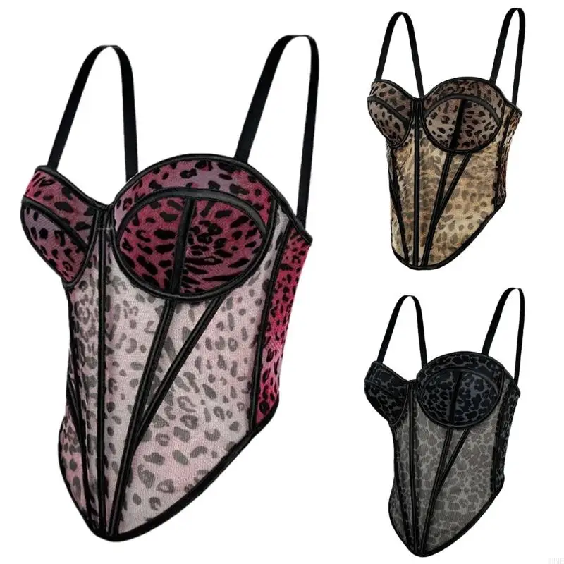 

49ME Women's Leopard Mesh Cami Bustier Stylish And Breathable Corset Top Polyester Camisole For Modern Fashion Enthusiasts