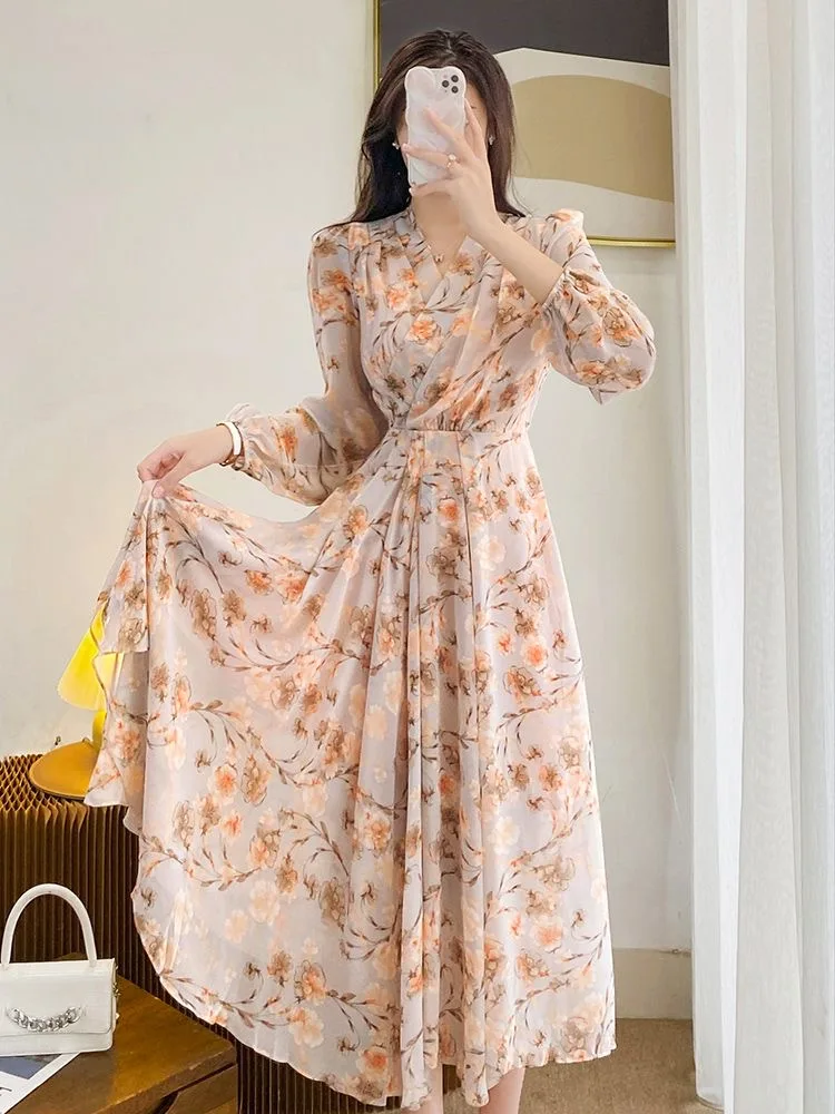 Women French Style Floral Printed Dress 2024 New Style Waistband Long Sleeved Retro Chiffon Floral Long Dresses Female