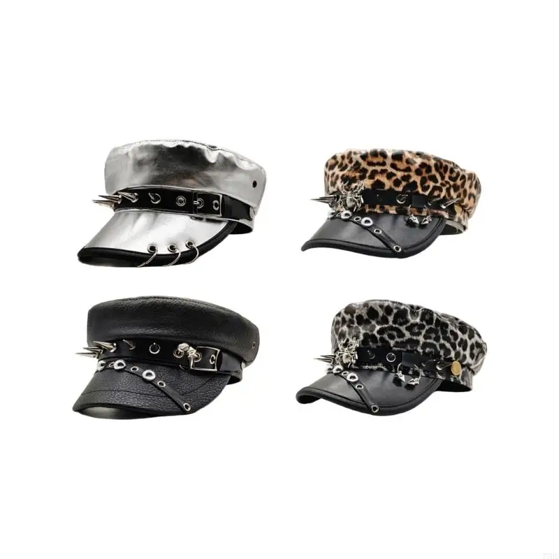 77HE หรูหรา PU หนัง Trucker หมวกสำหรับวัยรุ่นหญิงพร้อม Rivet Studded Buckles เข็มขัดสำหรับ Punk Theme Party และชุดประจำวัน