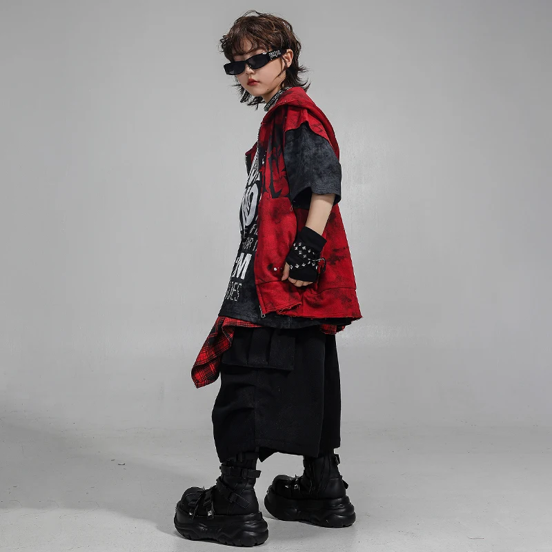 Boys Hip Hop Dancing Graffiti Hooded Vest Sweatshirt Street Dance Short Girls K-pop Costume Kids Streetwear Children Clothes Set