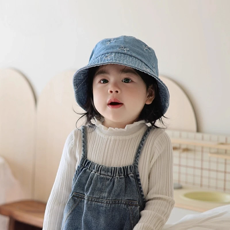 Girls' Fisherman Hat: Spring Autumn, Stylish Bowknot, Denim, Sun Protection, Sunshade, Toddler Bucket Hat