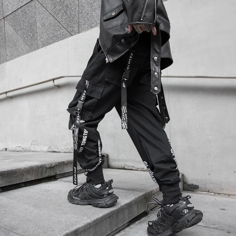 Stylish Techwear Men Cargo Pants Hip Hop Streetwear High Street Jogger Male Trousers Ribbons Pockets Harem Pants for Male