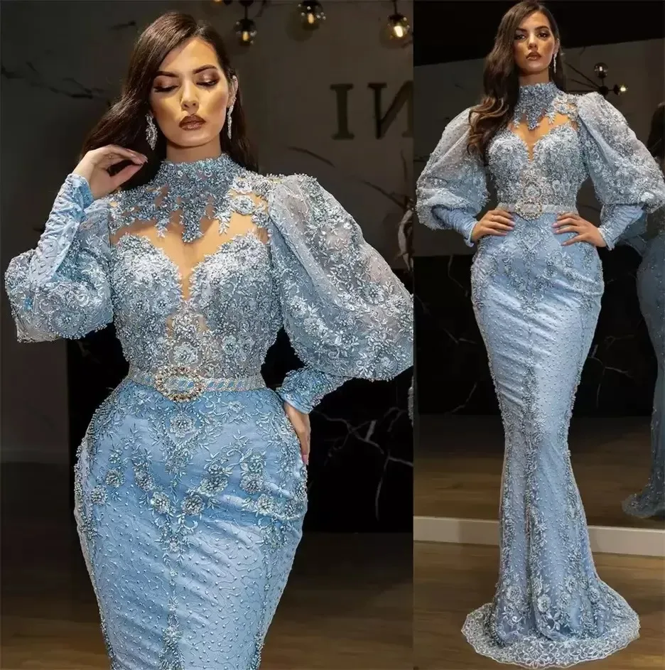 

Blue Mermaid Prom Dress V Neck Halter Long Sleeves Appliques Sequins Lace Floor Length Evening Gowns Plus Size Bridal Gowns