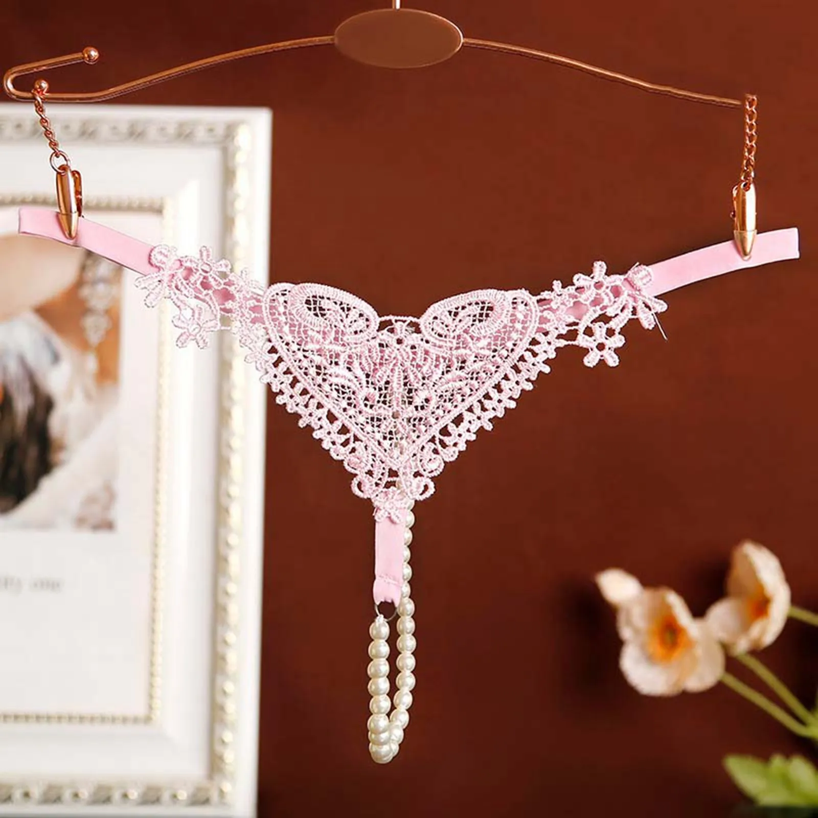 Women Sexy Lingerie Panties Heart Embroidery Micro G-String Beaded Thin Straps Thong Hollow Out See-Through T-Back Tangas Mujer