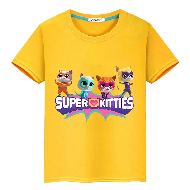 Super Kitties 100% Cotton T-Shirt Print Short Tops Cartoon pride tshirt y2k one piece boys Summer Anime Tees kids clothes girls