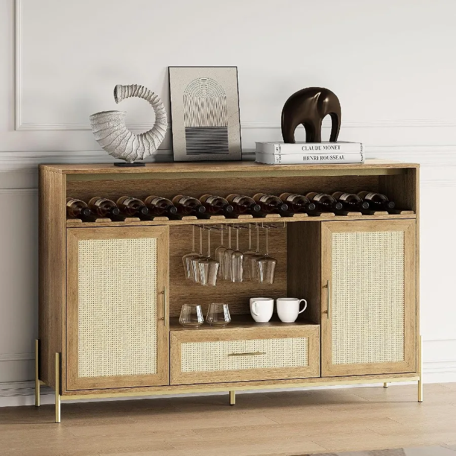 Coffee Bar Cabinet, 55" Rattan Liquor Cabinet, Boho Farmhouse Sideboard Buffet Cabinet with Storage, Accent Bar Cabinet for Liv