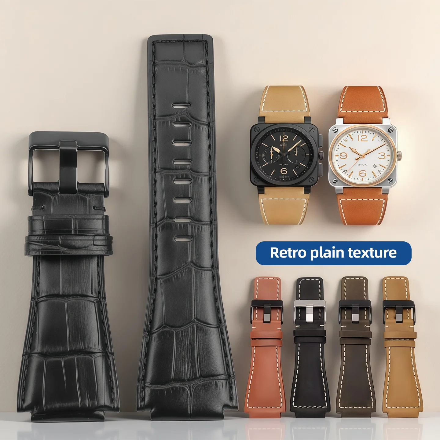 Waterproof Rubber Strap for Bell & Ross B&R BR-01 BR-03 convex cowhide Leather Watchbands Men's wristband watch Accessories