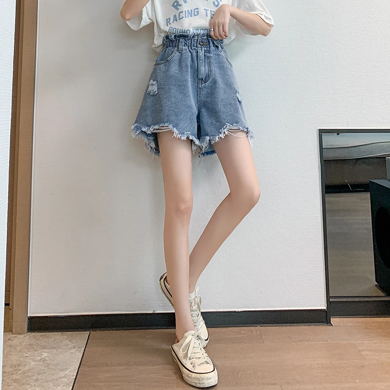 Summer Trendy Women Denim Shorts Oversized Elastic Waist Ripped Raw Edge Wide Leg Shorts Leisure Loose Female Jeans