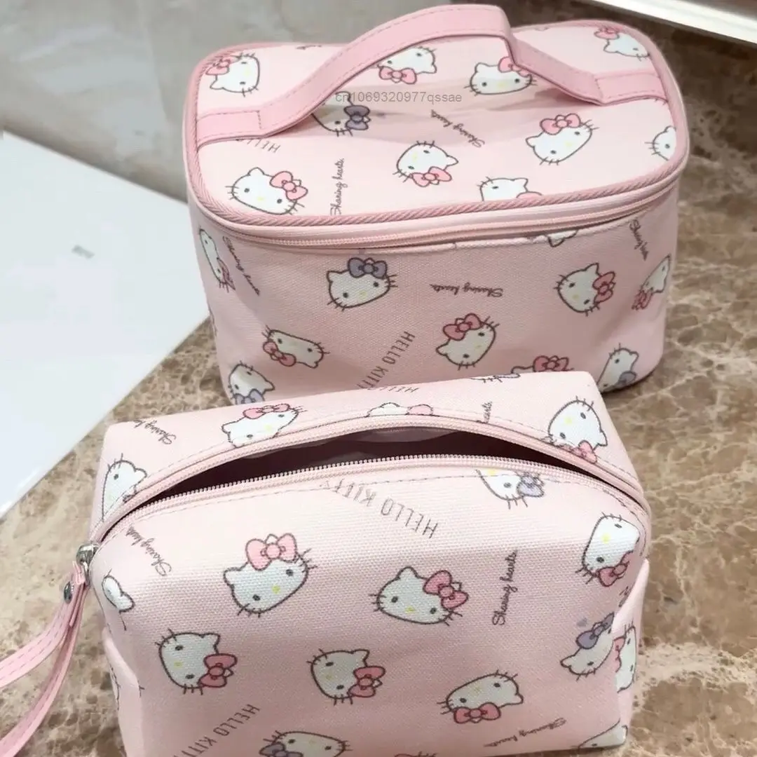 Hello Kitty Cute Print Large Capacity Handheld Makeup Bag Sanrio Y2k Pink Cute Printed Portable Toilet Handbag Storage Bag