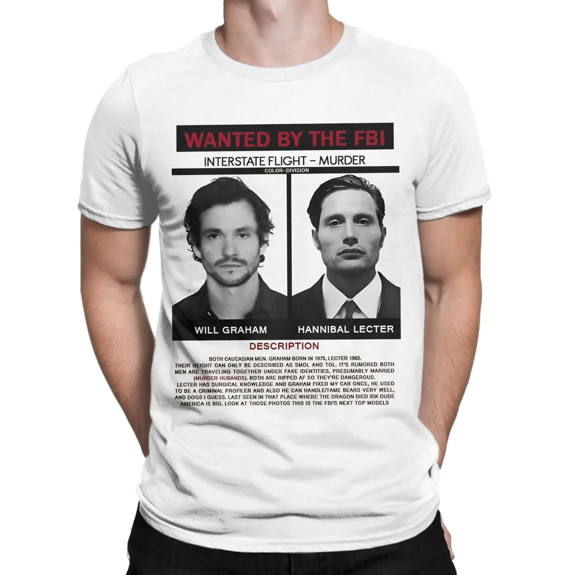 Priting Hannibal lecter and will graham wanted poster  T-Shirt 100%Cotton Short Sleeve Mads Mikkelsen Summer Tops Shirts