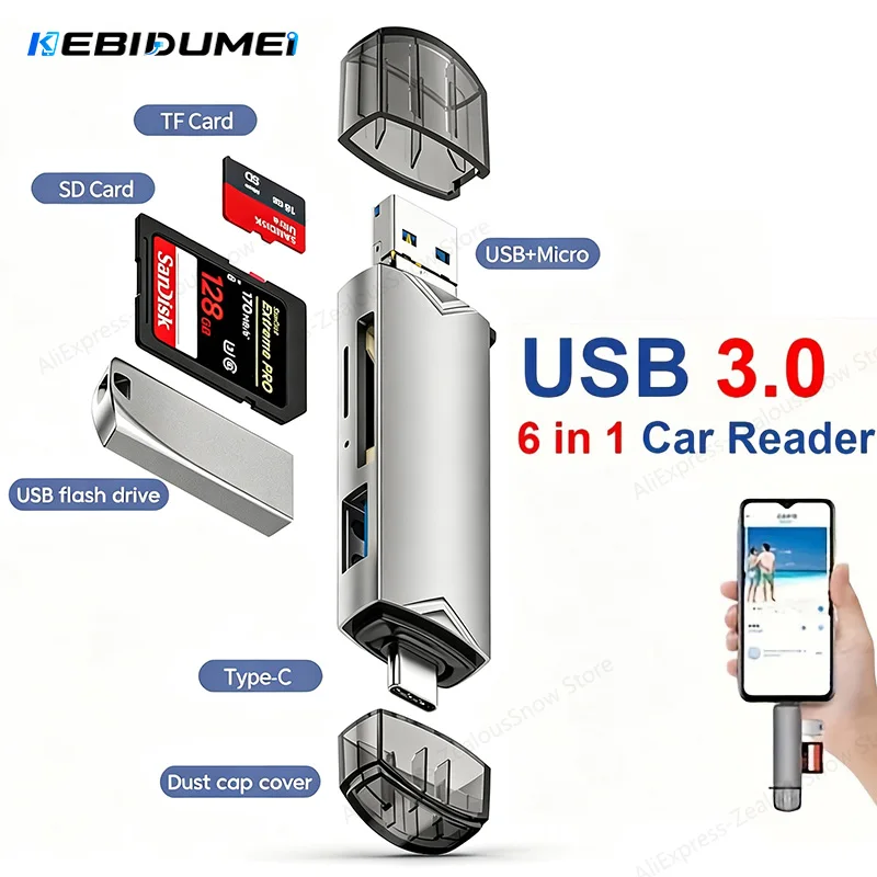    KEBIDUMEI 6-in-1-Kartenleser USB3.0 zu Typ-C SD TF Hochgeschwindigkeits-Übertragung Flash-Laufwerk Unterstützung für 2TB OTG-Adapter für Laptop