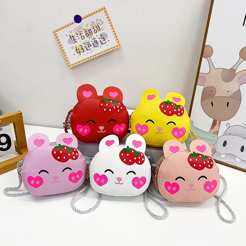 Little Girls Mini Shoulder Crossbody Bag, Cartoon Rabbit & Strawberry Pattern Children Coin Purse Handbag Accessories