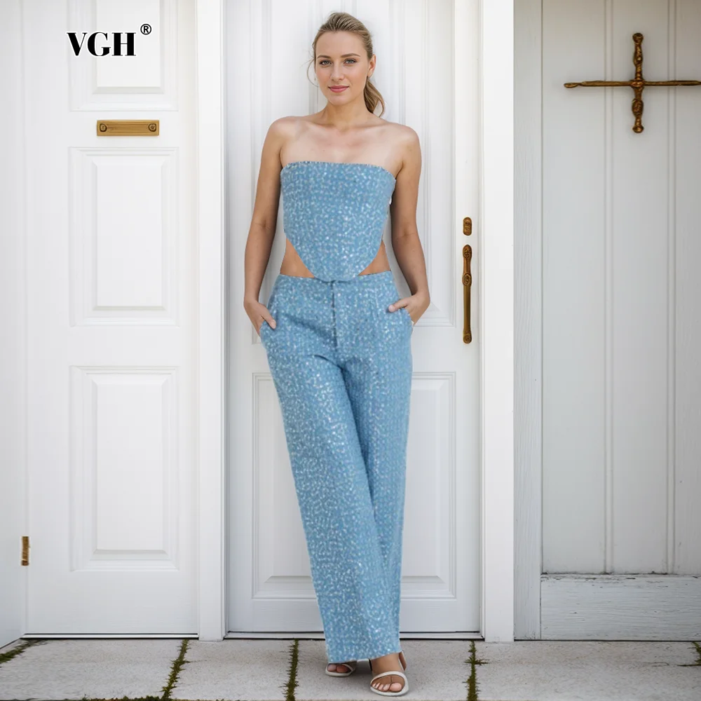 

VGH Spliced Sequins Denim Two Piece Sets For Women Strapless Sleeveless Backless Tops High Waist Wide Leg Pants Slim Set Female