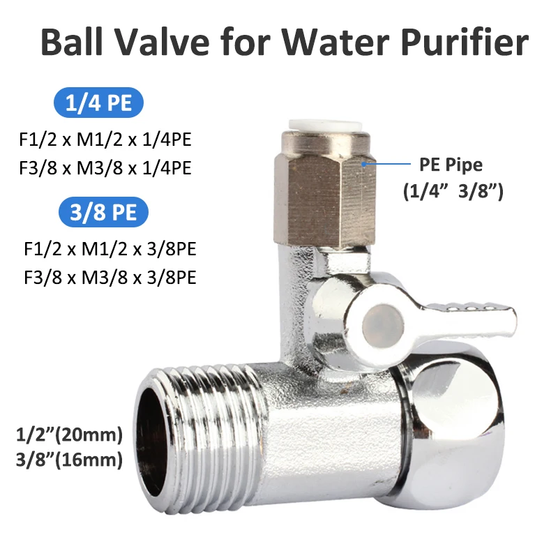 

Ball Valve For Water Purifier 3/8"1/2" to 1/4"3/8" PE Pipe Copper Alloy Plastic 3-Way Adapter Tap Connector Hardware Accessories